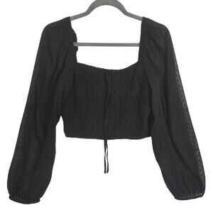 BOG Collective Black Smocked Crop Top M Sheer Swiss Dot Puff Sleeve Whimsigoth